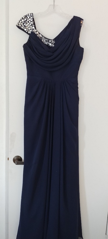 Midnight blue Grecian goddess evening gown long